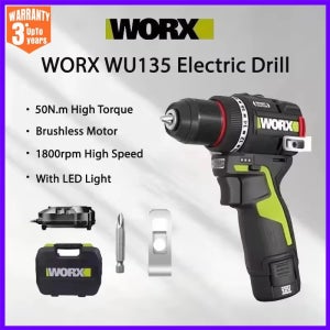 WORX WU135 무선 전기 드릴 12V 50Nm 1800rpm 금속 가공용 브러시리스 모터 스마트 클러치 가정용 전동 공구 새로운 스타일