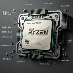 AMD 라이젠 5 2600 R5 2600 6코어 12스레드 게이밍 CPU 3.4GHz 최대 3.9GHz 16MB L3 캐시 AM4 DDR4 65W 12nm 데스크탑 프로세서