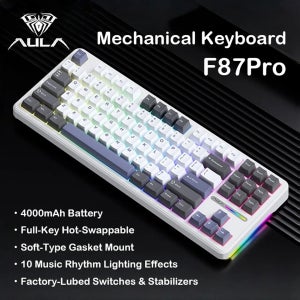 AULA F87 PRO 유선 무선 블루투스 트라이 모드 핫스왑 가능 게이밍 키보드(RGB 백라이트 및 볼륨 노브 포함)