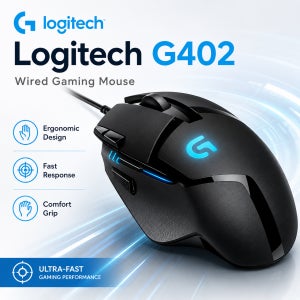 로지텍 G402 유선 게이밍 마우스: 4000 DPI 8개 프로그래밍 가능 버튼 - 퓨전 엔진 고속 추적 PC e스포츠 마우스 블랙