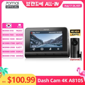70mai A810S 4K 블랙박스 IMX678 듀얼 HDR 슈퍼커패시터 4G LTE 원격 제어 Wi-Fi 6 5GHz 음성 제어 GPS ADAS 차량용 카메라