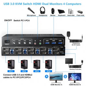 USB 3.0 KVM 스위치 4대 컴퓨터 2대 모니터, 3개 USB 3.0 포트, HDMI 4K@60Hz 듀얼 모니터 KVM 스위치, DisplayPort KVM 4입력 2출력