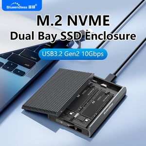 블루엔들리스 듀얼 베이 M.2 NVMe SSD 인클로저 USB3.2 Gen2 10Gbps 타입-C 외장 SSD 케이스 2230 2242 2260 2280, 알루미늄 하우징