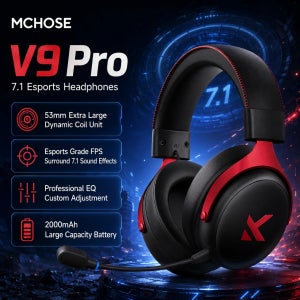 MCHOSE V9 Pro 2.4G 블루투스 5.3 무선 게이밍 헤드폰 7.1 서라운드 사운드 노이즈 캔슬링 마이크 게이밍 헤드셋