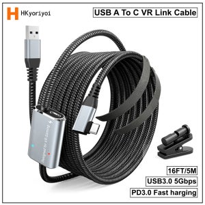 5m VR 링크 케이블 데이터 5Gbps 메타 퀘스트 3/2/프로 피코 4 스팀 VR PC PD3.0 고속 충전 USB 3.0 to Type C 케이블 (클립 포함)