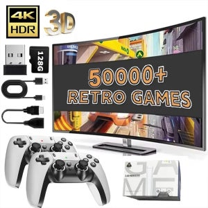 128G 게임 스틱 M15 4K 비디오 TV 게임 콘솔 무선 게임패드 20000개 이상의 클래식 아케이드 게임 HD 2인용 게임 콘솔 (64G 포함)