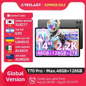 테클라스트 T70 프로 14인치 2.2K TDDI MTK Helio G100 CPU 8GB 램+40GB 확장+128GB 롬 10000mAh 18W 4G LTE 안드로이드 16 태블