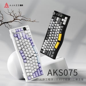 AJAZZ AKS075 인체공학적 곡선형 기계식 키보드, 풀 핫스왑 트라이모드 컬러 스크린 볼륨 노브 5000mAh PBT RGB 게이밍 키보드