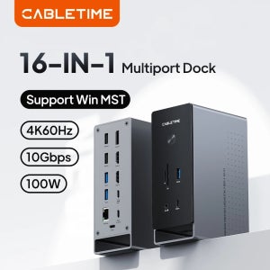 CABLETIME 16 in 1 USB C 도킹 스테이션 4K60Hz HDMI MST 마이크로칩 PD100W 10Gbps 타입 C 1000Mbps 랜 포트 (노트북 맥북 프로용)