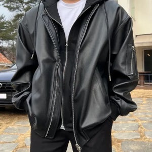[당일출고]RH 후드탈부착 오버핏 가죽자켓 항공점퍼 1color