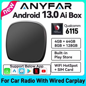 안드로이드 13 ANYFAR 안드로이드 오토 무선 카플레이 AI TV 박스 QCM6115 8코어 분할 화면 64G 128G 넷플릭스 플레이 스토어 지원