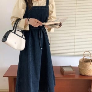 HN-290 서스펜더 허리끈 A라인 롱 원피스