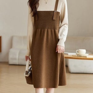 YY-324 배색 레이어드 서스펜더 롱 원피스