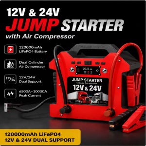 유니링크 12V/24V 리튬인산철 점프 스타터 120000mAh 특허받은 6바 트윈 실린더 컴프레서 발전기 역방향 충전