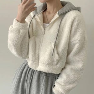 배색 후드 양털 후드 집업 점퍼[jp2366]