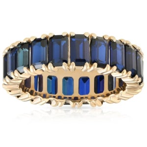 Pompeii3 여성 블루 사파이어 에메랄드 컷 이터니티 링 반지 옐로우 골드 5x3mm imitation blue sapphire emerald cut eter 160909159
