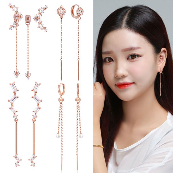 14K 롱 데일리 드롭 원터치 큐빅 링 금침 귀걸이