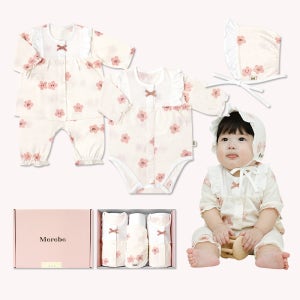 메르베 신생아 봄 여름 바디수트 내복 모자 백일선물 세트 50일 6개월 아기옷 (슈트+실내복+보넷)