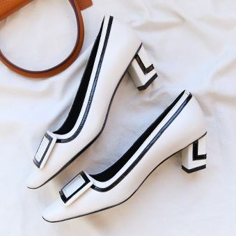 천연 가죽 화이트 블랙 스퀘어 2.5cm,4.5cm미들힐 구두