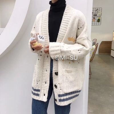 여성 봄 루즈핏 기본 가디건 한국 이순신 봄에 두꺼워 진 만화 자수 오버핏 스웨터 카디건 소녀 2018 년 새로운 토끼 벨벳 코어 구멍 주문