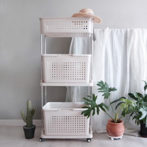 바퀴 이동식 수납 분리형 빨래바구니 수납형(더블)와이드 3단(베이지) MW-DW03