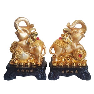 황금 풍수 코끼리 한쌍 조각상 동상 장식품 2마리 세트 풍수 인테리어 소품