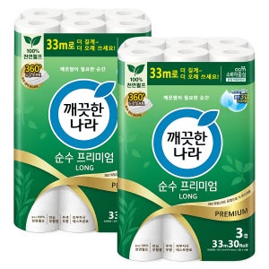 깨끗한나라 순수 프리미엄 3겹 데코 두루마리 33m, 30롤, 2팩