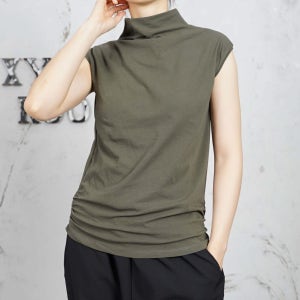 캡소매 옆 셔링 반폴라티 드레이프 반목 스판 여성 여름 이너티셔츠