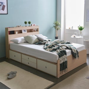 케이컴퍼니 이음 수납 헤드 더블 침대 세트 독립 포켓 40T 토퍼 매트리스 벙커 서랍 베드