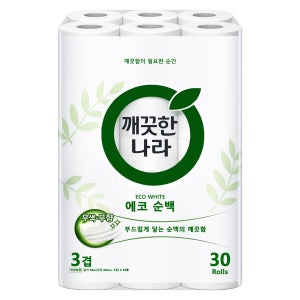 깨끗한나라 에코 순백 3겹 데코 30롤 1팩 두루마리 롤화장지 롤휴지
