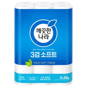 깨끗한나라 3겹 소프트 데코 30롤 1팩 천연펄프 두루마리 롤화장지 롤휴지