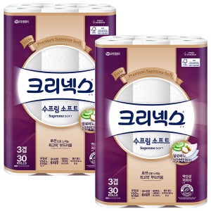 크리넥스 수프림 소프트 3겹 데코 30롤 2팩 화장지 휴지