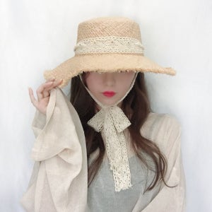 [무배] 리본 레이스 플로피 라피아햇