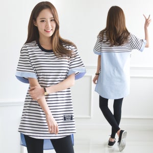 반팔 청단가라 /여성 빅사이즈티 루즈핏 롱티 라운드 스트라이프 언발 77-99 3XL