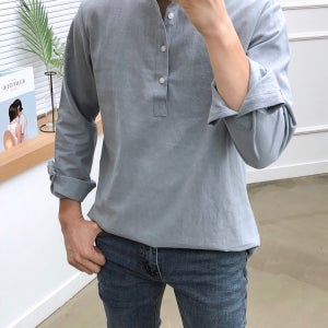 남자 면 마 헨리넥 여름 셔츠