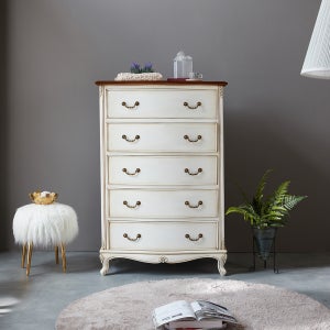 벨라 프렌치 엔틱 원목 5단 서랍장 화이트