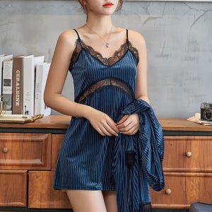 부드러운 벨벳 섹시 슬립 가운 세트 (M~XL)