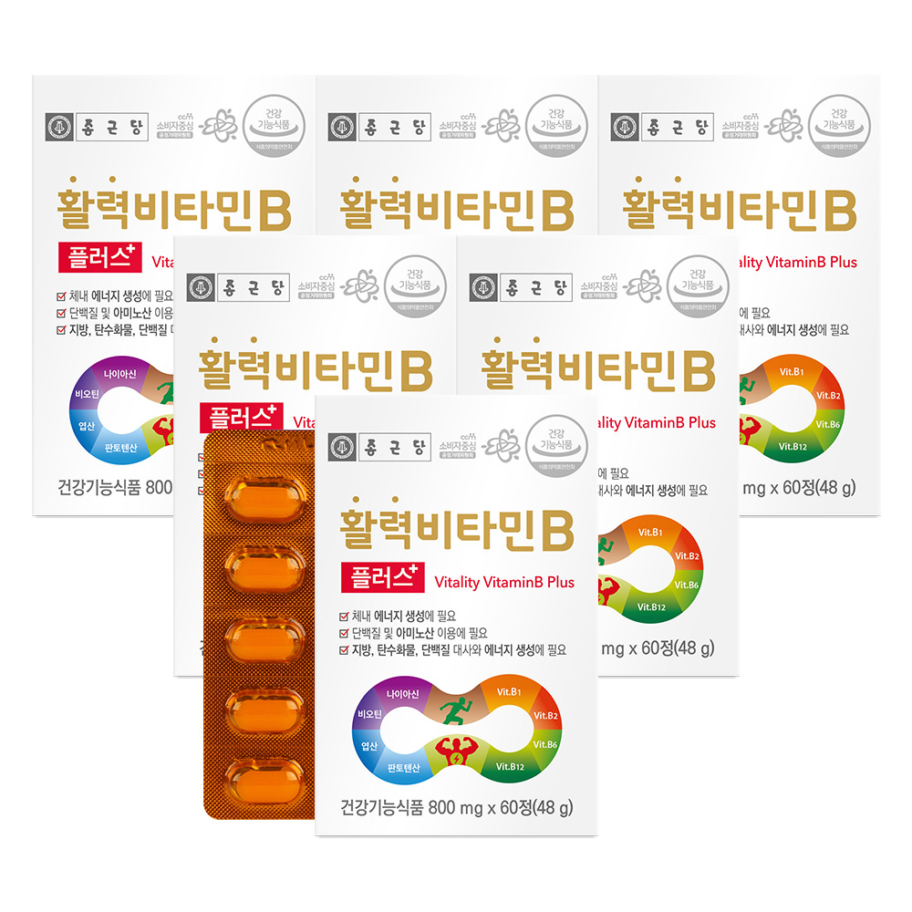 <b>종근당</b> 활력 비타민B 플러스 6박스(12개월분) 나이아신 비오틴 엽산 <b>판토텐산</b>