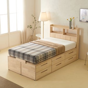 높은 2단 서랍 수납 소나무 원목 침대 SS / Q