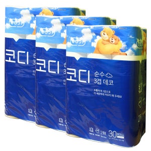 코디 순수3겹 데코 30롤 두루마리 휴지 3개(90롤)