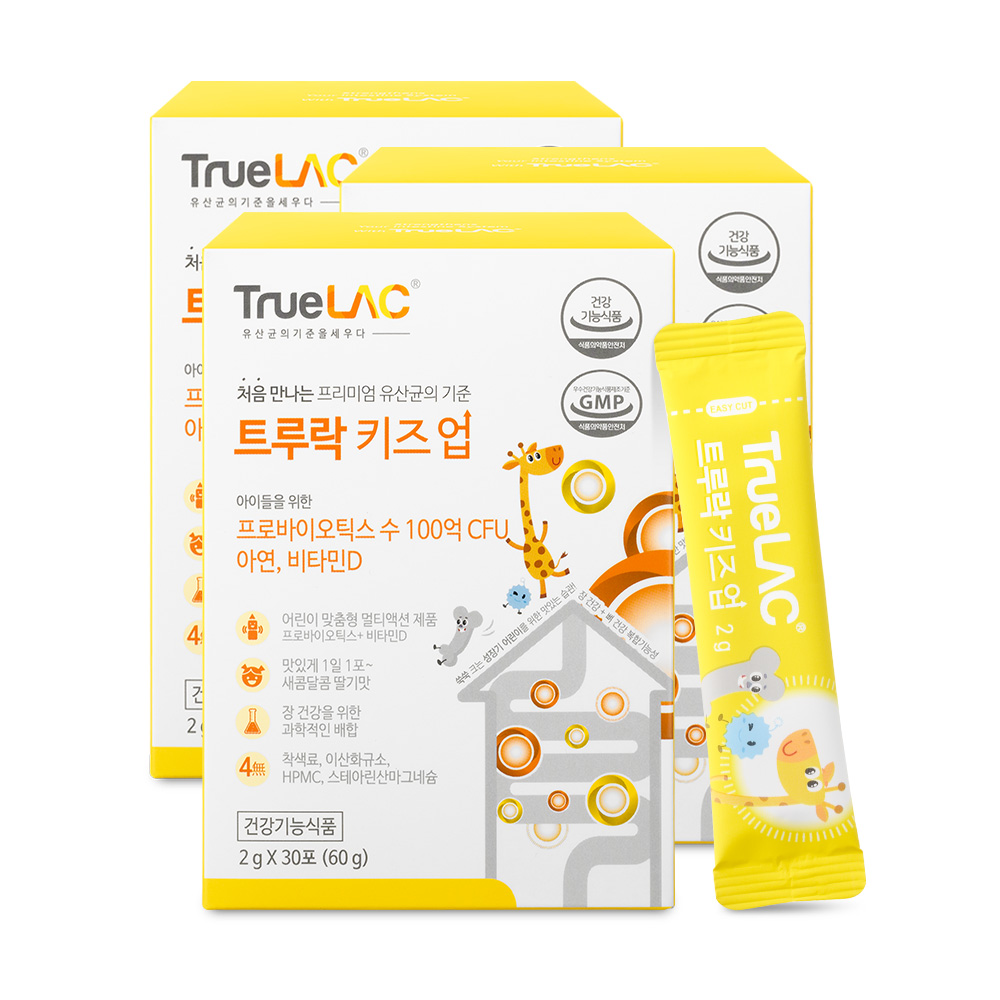 트루락 키즈업 아이 어린이 유아 아기 키즈 유산균 아연 비타민D 30포, 3개