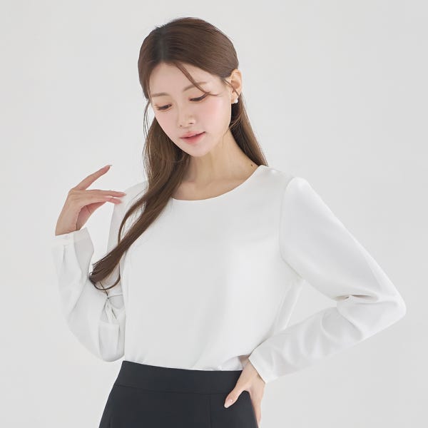 면접블라우스 라운드넥 정장 이너 화이트 블라우스 흰색 흰 쉬폰 셔링 여성블라우스