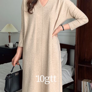 77 편한 봄 루즈핏 브이넥 옆트임 맥시 롱 니트 원피스 빅사이즈