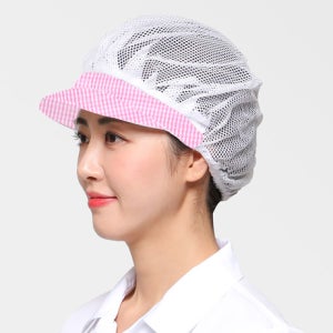 YGC-603/핑크체크 띠 완전망사 위생모자/ 급식 식품공장 주방 식당 조리원 위생모