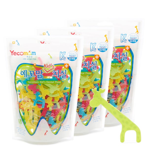 예꼬맘 어린이 치실 지퍼백 80p x 3개 유아 키즈 초등학생 첫치실 손잡이Y형