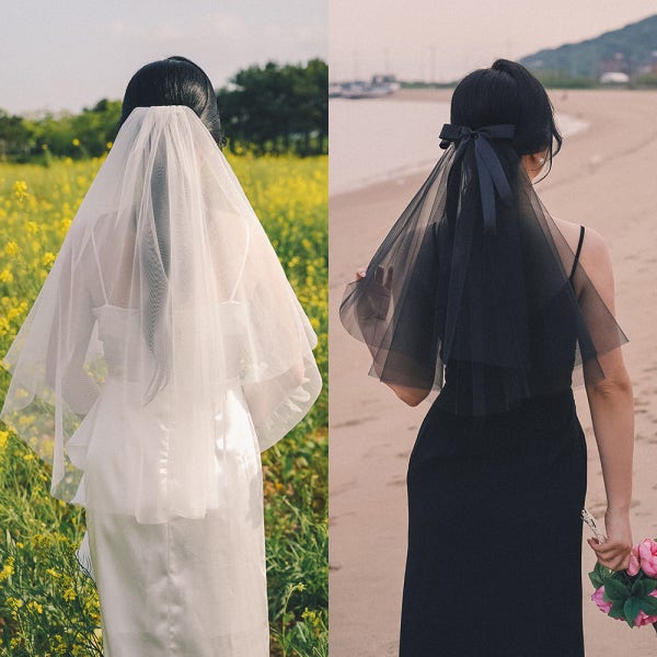 웨딩 베일 셀프 면사포 롱 숏 리본 블랙 레이스 드레스 머리핀