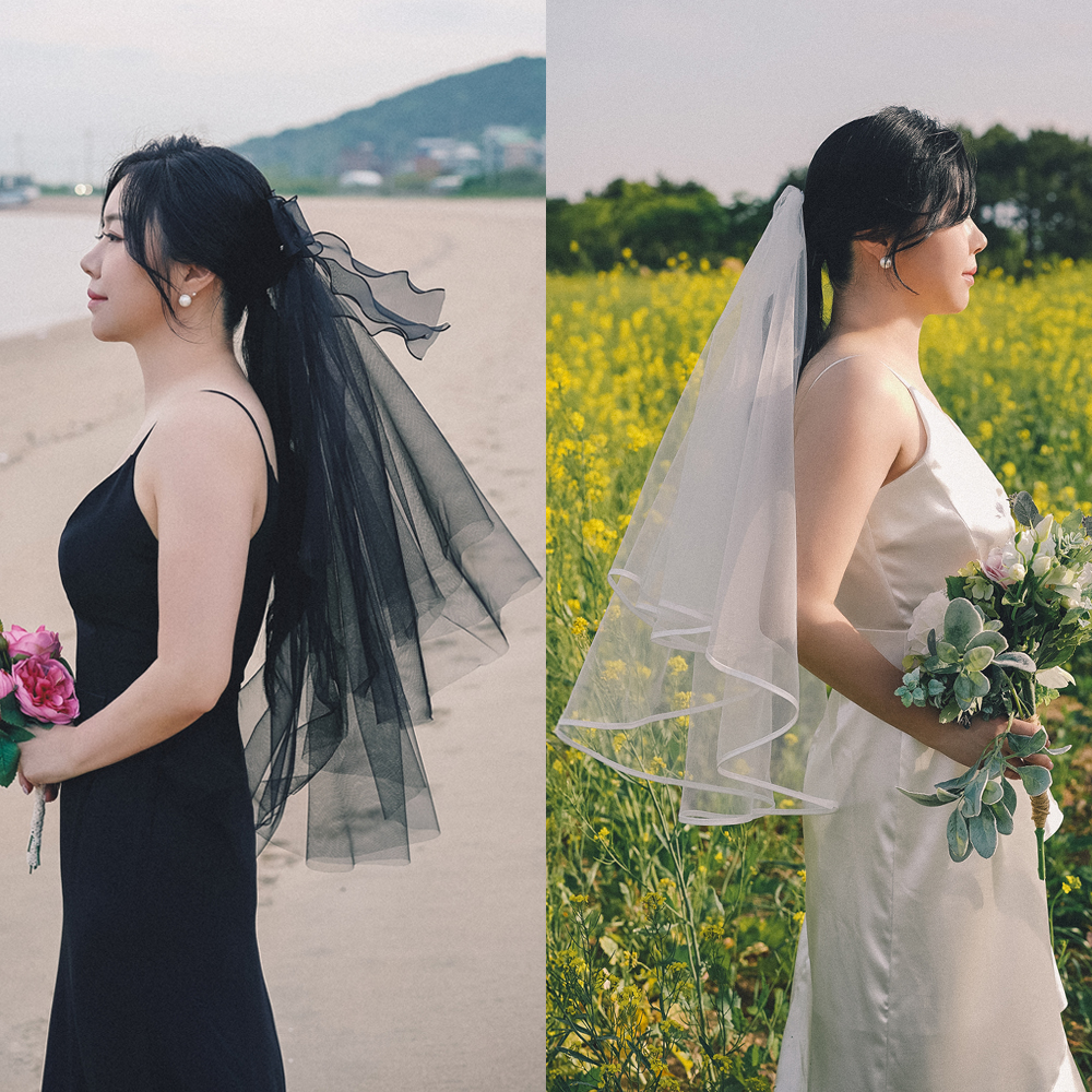 웨딩 베일 셀프 면사포 롱 숏 리본 블랙 레이스 드레스 머리핀
