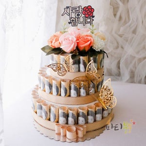 돈나오는 케이크 54호 / 지폐케이크 현금 어버이날 케이크 DIY 직접제작 2단 사이즈