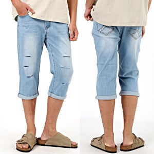 남자 7부청바지 연청 롤업 스판 디스트로이드 청반바지