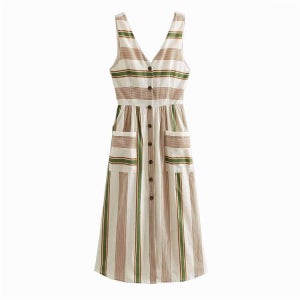 스트라이프 브레이스 롱 드레스 2 포켓 매듭 디자인 코튼 & 리넨 여름 Streetwear 스트랩 드레스